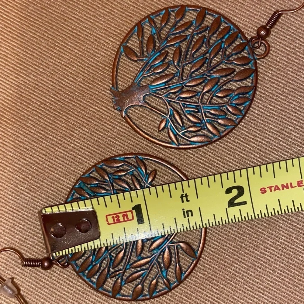 FOLK ART INSPIRED EARRINGS Tree of Life Copper Turquoise Colored Round Design